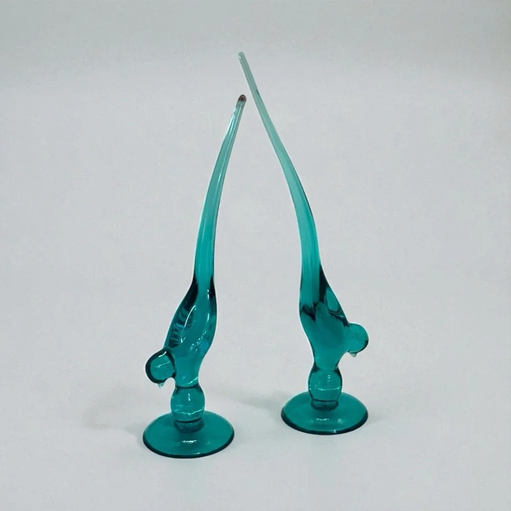 Lot Of 2 Vintage Long Tail Birds Turquoise Glass 9 3/4